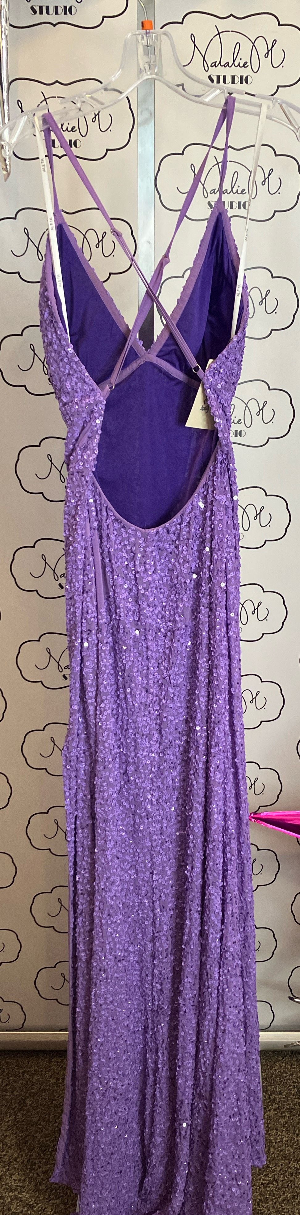 Style 200 Aleta Size 8 Prom Plunge Purple Side Slit Dress on Queenly