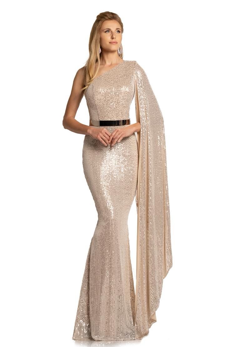 Style 2190 Johnathan Kayne Size 6 One Shoulder Gold Mermaid Dress on Queenly