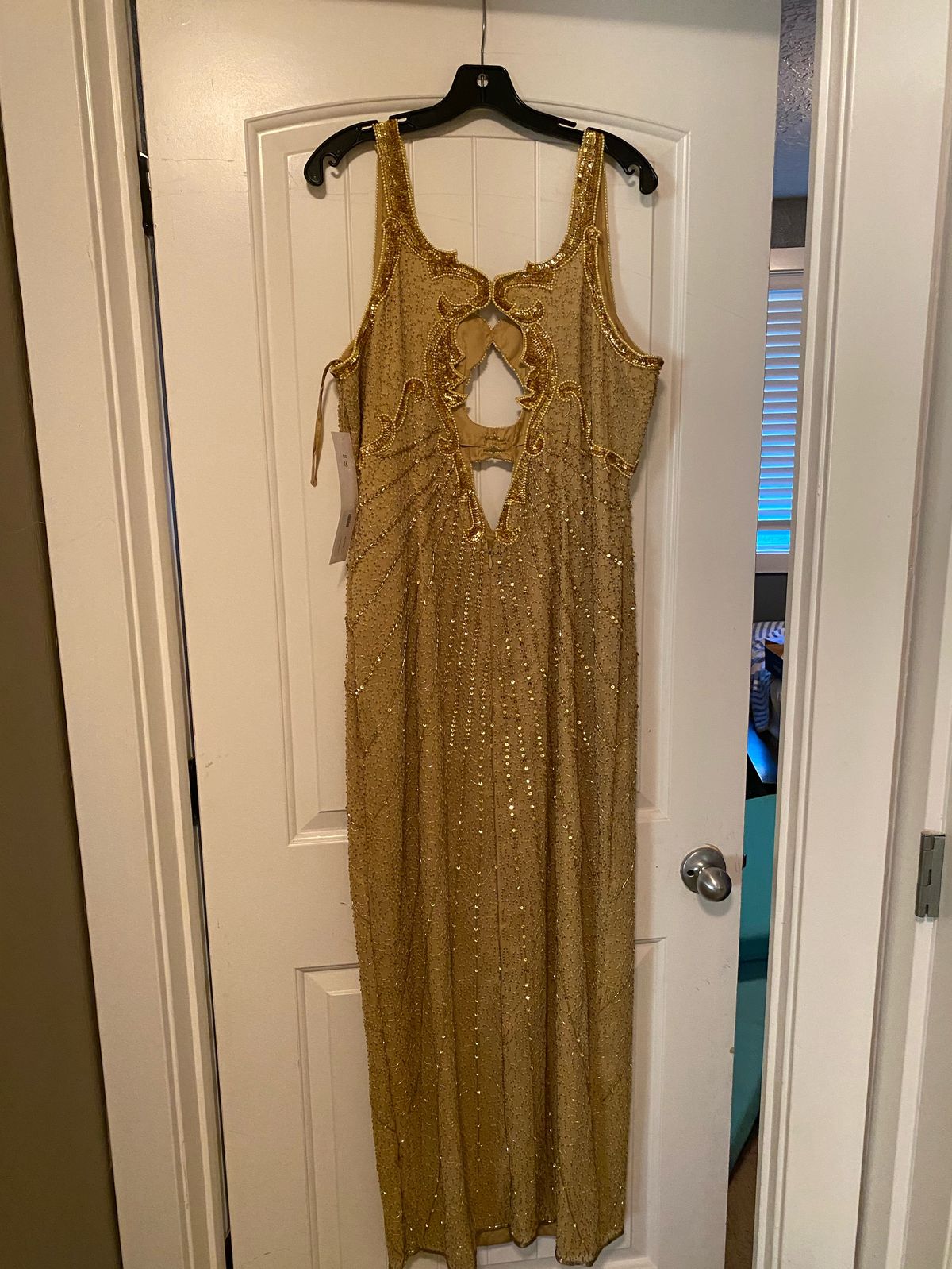 Plus Size 18 Prom High Neck Gold Side Slit Dress on Queenly