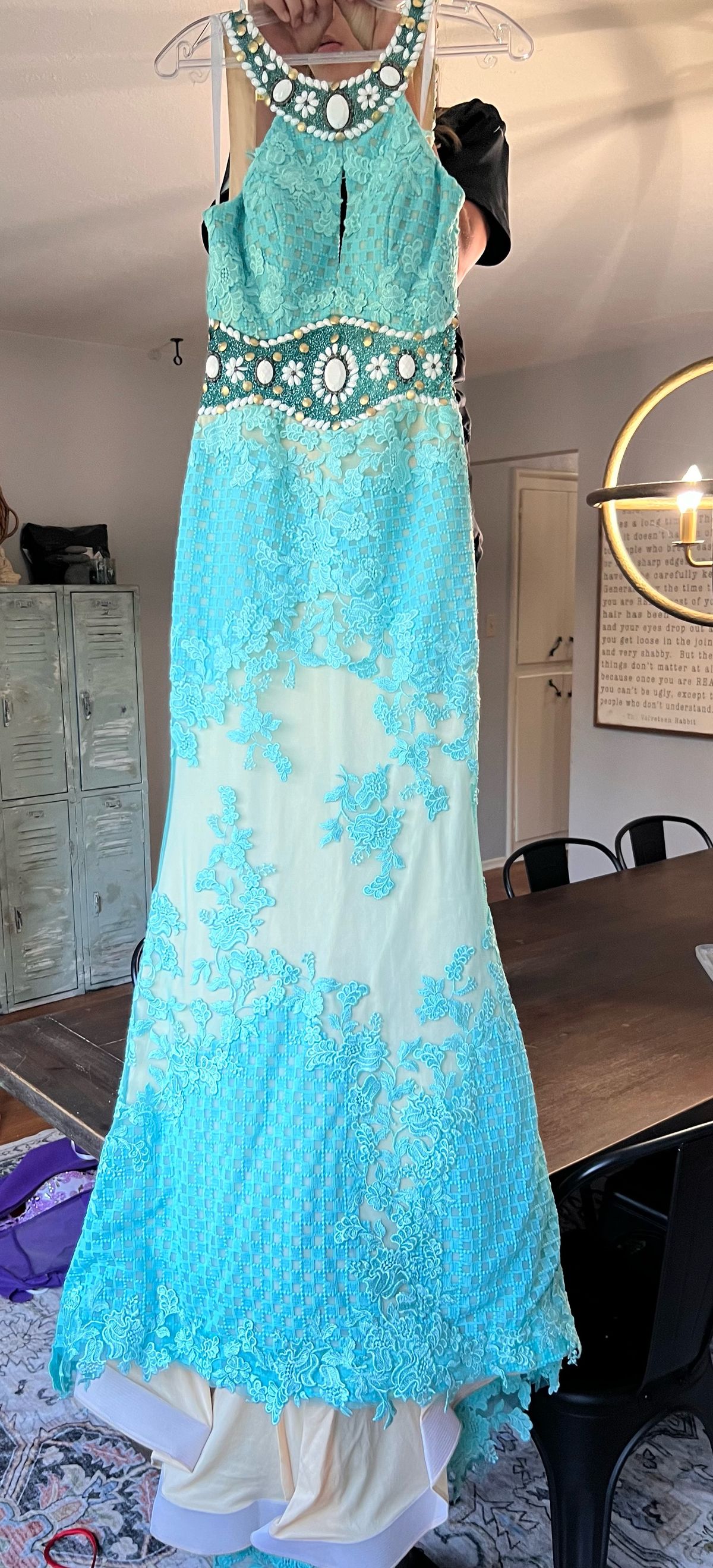 Rachel Allan Size 4 Prom High Neck Turquoise Blue Mermaid Dress on Queenly