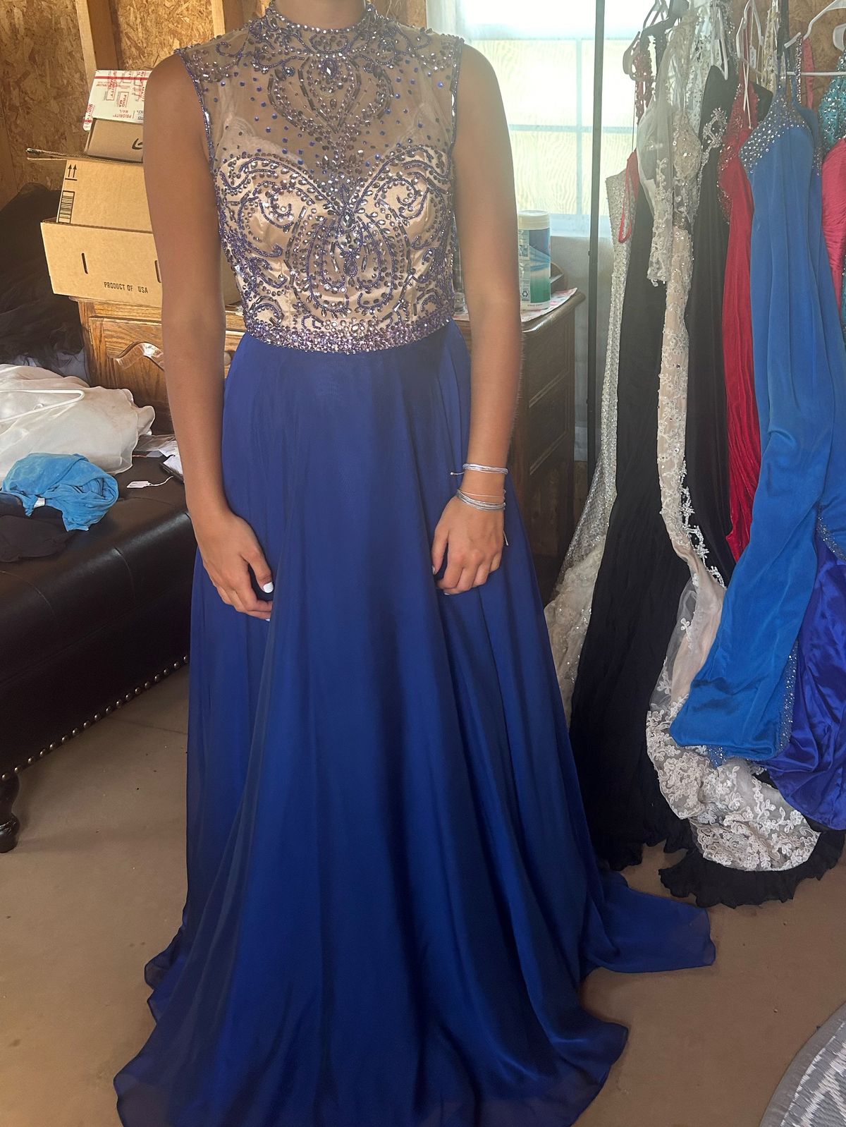 Sherri Hill Size 6 High Neck Blue A-line Dress on Queenly