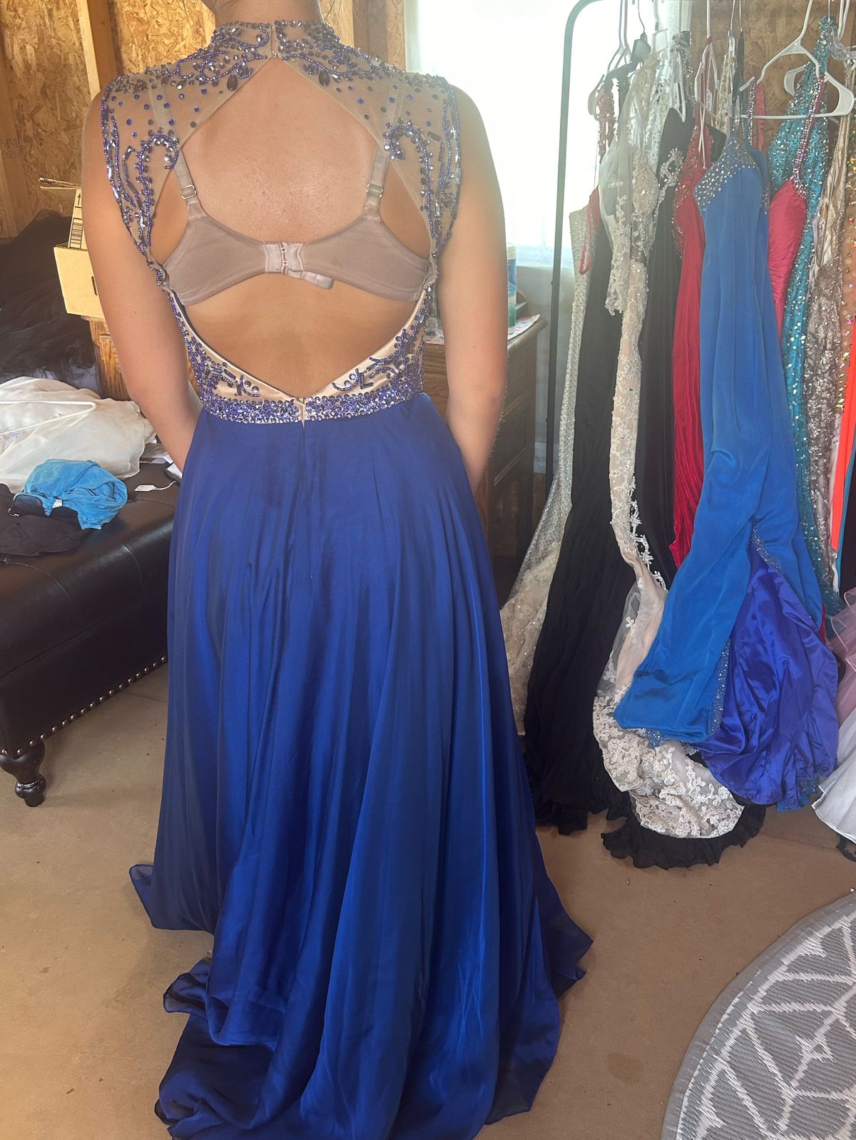 Sherri Hill Size 6 High Neck Blue A-line Dress on Queenly