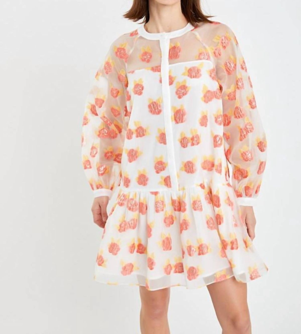 Style 1-221178918-74 English Factory Size S Prom Long Sleeve Floral Orange Cocktail Dress on Queenly