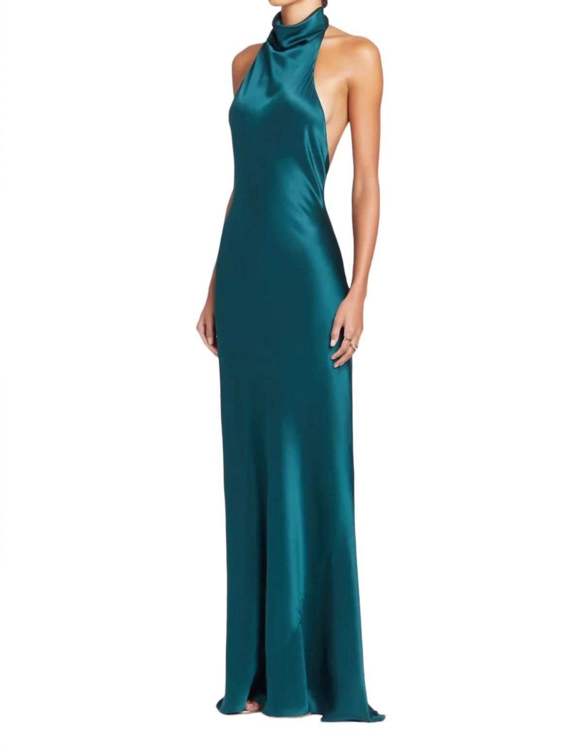 Style 1-2515455045-149 Amanda Uprichard Size L High Neck Satin Green Floor Length Maxi on Queenly