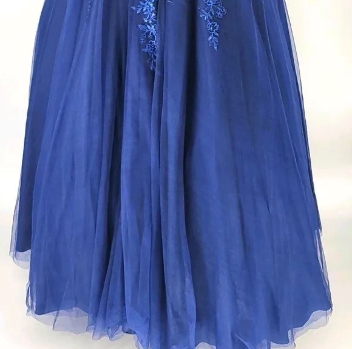 Style 68258 Jovani Plus Size 18 Prom Plunge Lace Navy Blue Ball Gown on Queenly