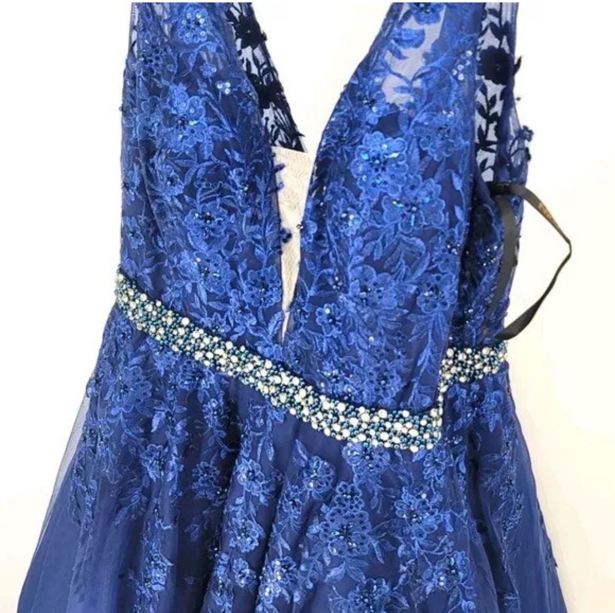 Style 68258 Jovani Plus Size 18 Prom Plunge Lace Navy Blue Ball Gown on Queenly