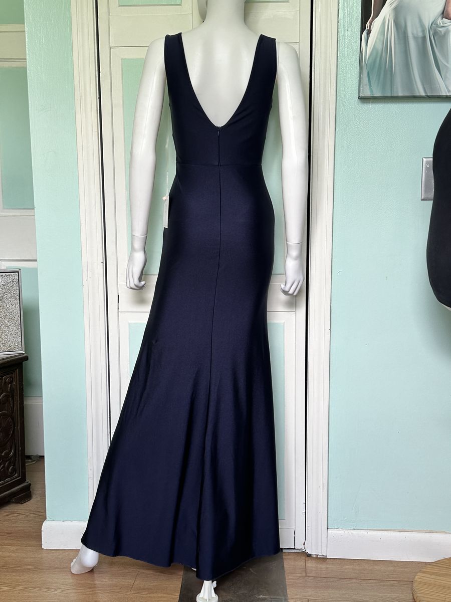 Style 25428 La Scala Size L Prom Plunge Navy Blue Mermaid Dress on Queenly