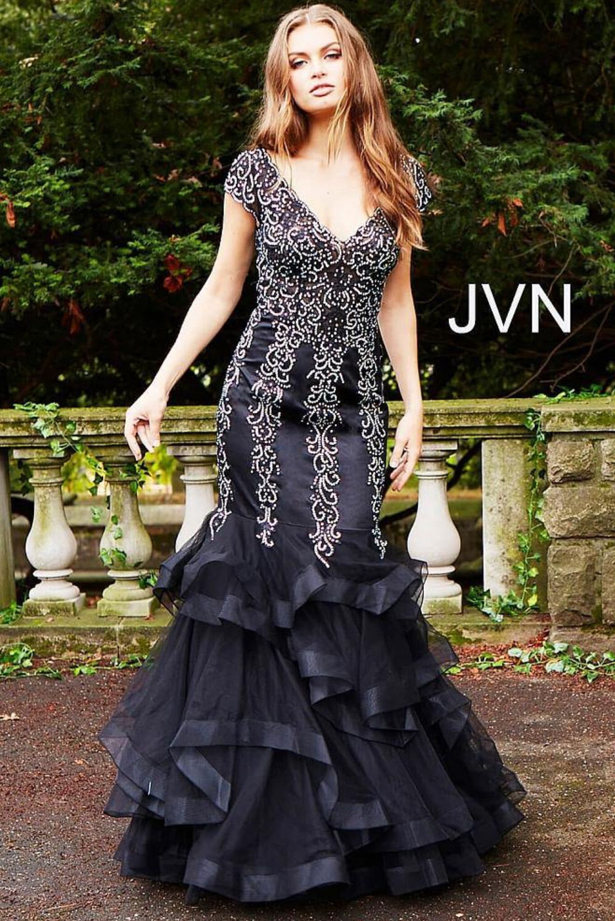 Style 55878 Jovani Size 10 Prom Cap Sleeve Sheer Black Mermaid Dress on Queenly