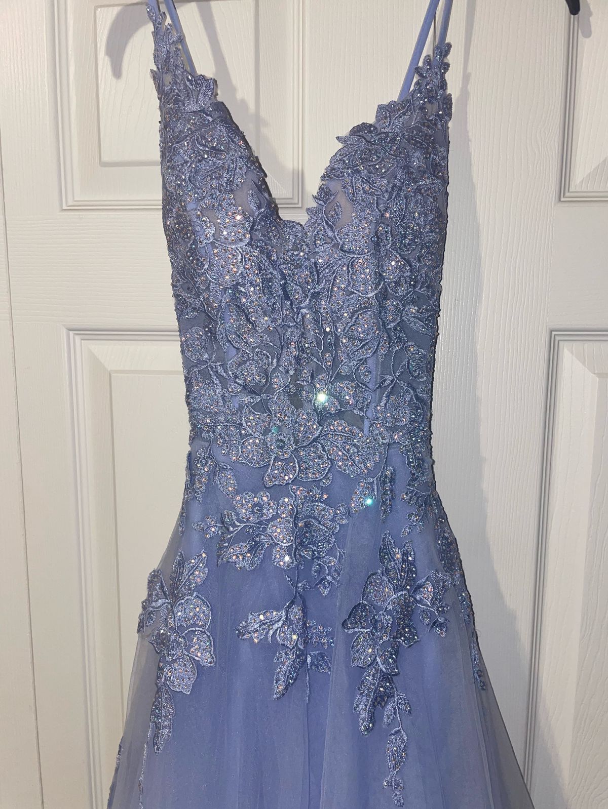 Size 00 Prom Plunge Blue A-line Dress on Queenly