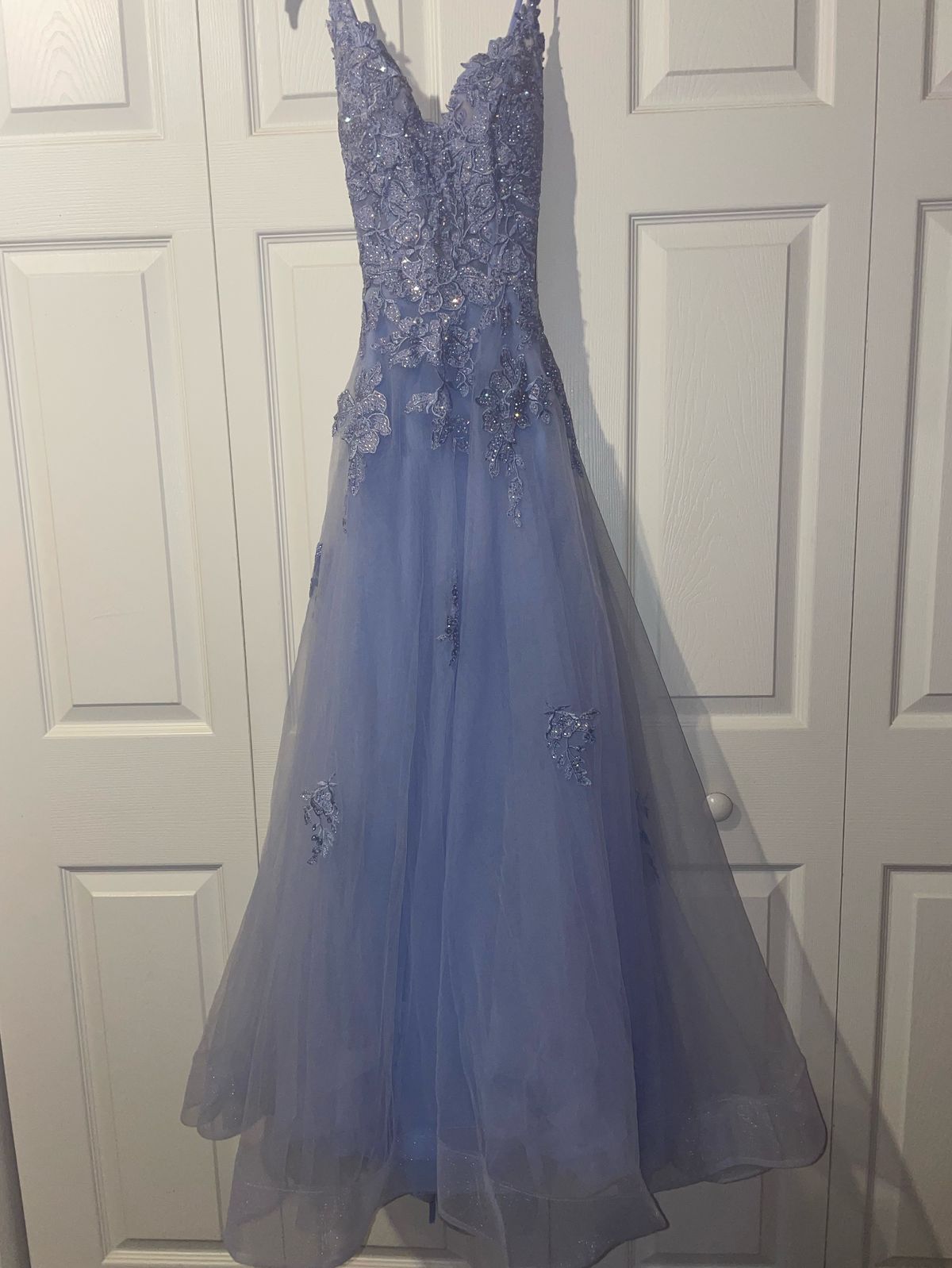 Size 00 Prom Plunge Blue A-line Dress on Queenly