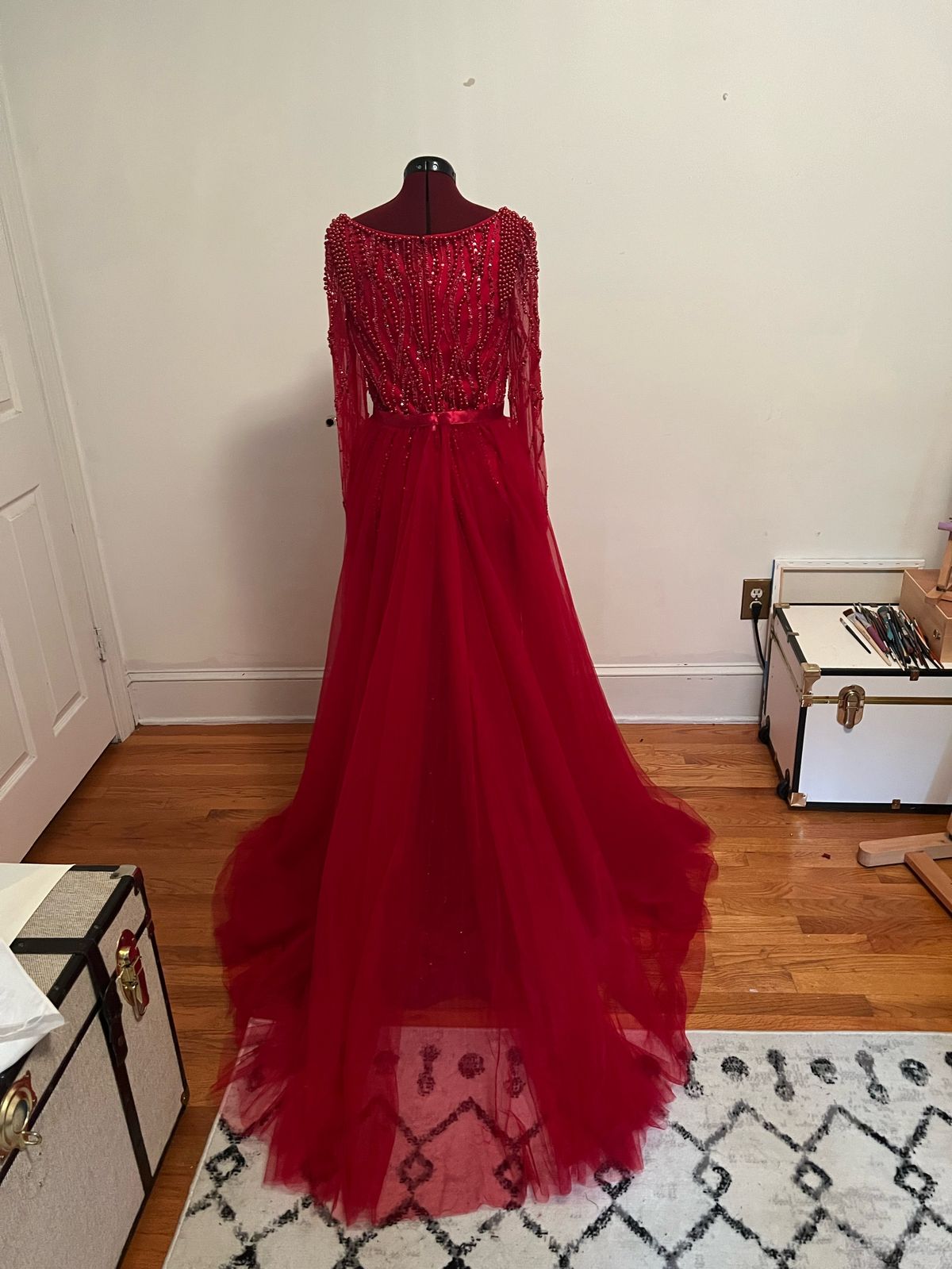 Size 8 Long Sleeve Sheer Red Mermaid Dress on Queenly