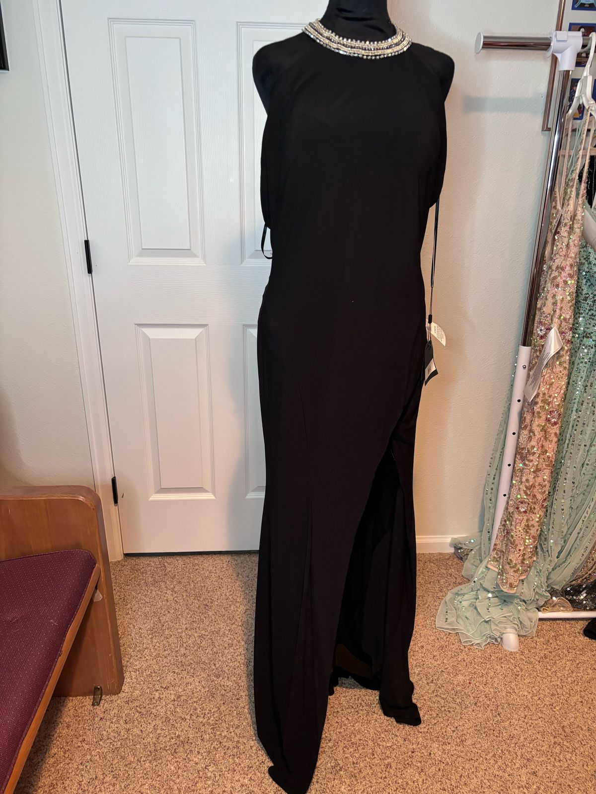 Style 25572 Mac Duggal Size 10 Wedding Guest High Neck Black Side Slit Dress on Queenly