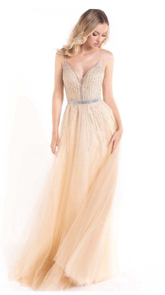 Style 90083 Abby Paris Size 6 Plunge Nude A-line Dress on Queenly