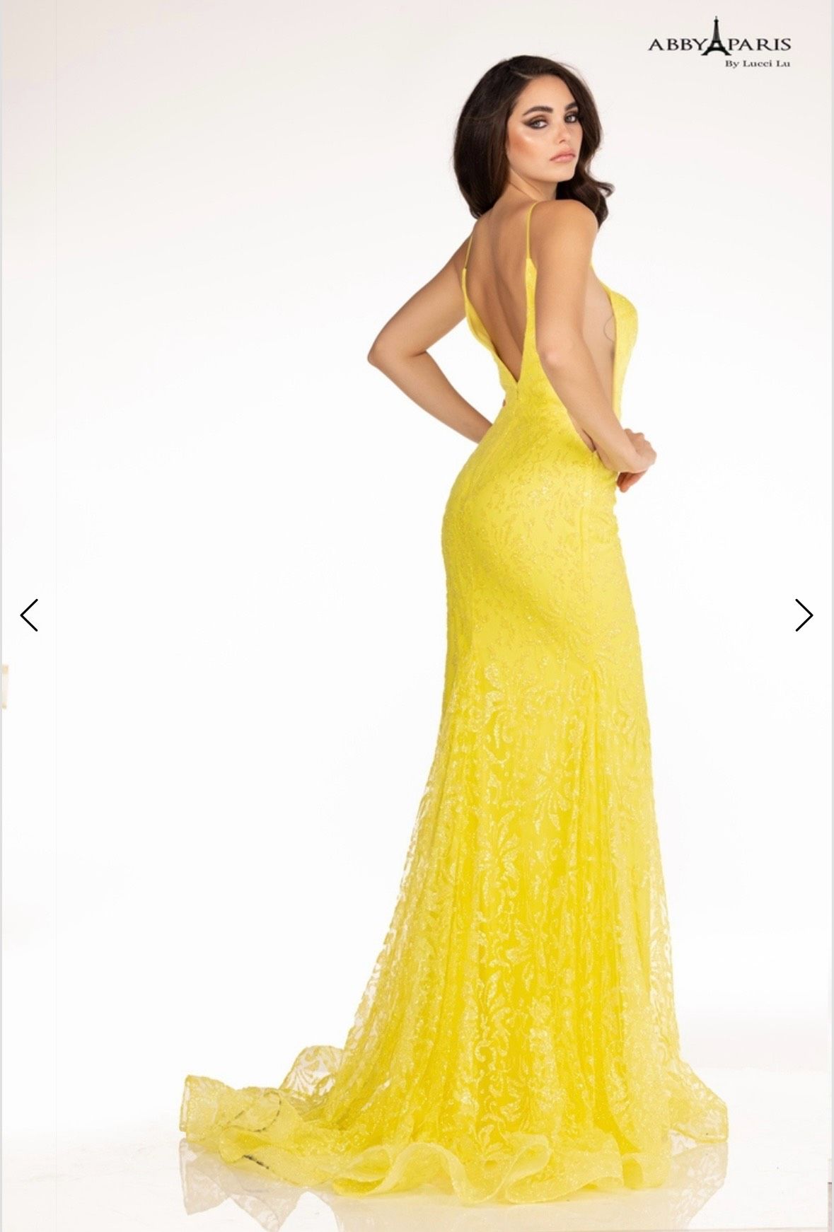 Style 90089 Abby Paris Size 6 Prom High Neck Yellow A-line Dress on Queenly