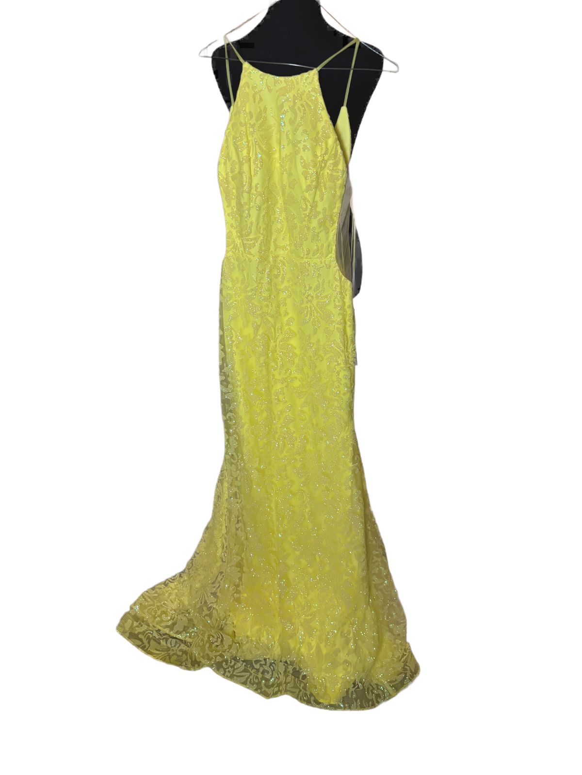 Style 90089 Abby Paris Size 6 Prom High Neck Yellow A-line Dress on Queenly