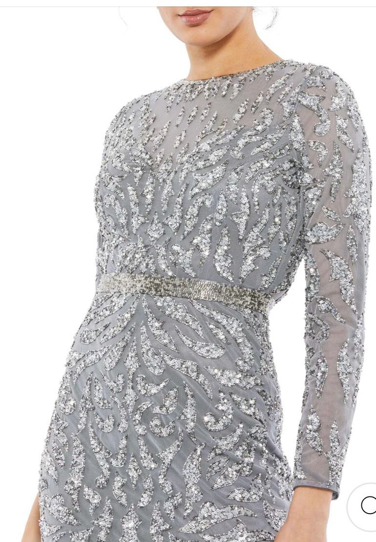 Style 5521 Mac Duggal Size 10 Homecoming Long Sleeve Gray Cocktail Dress on Queenly