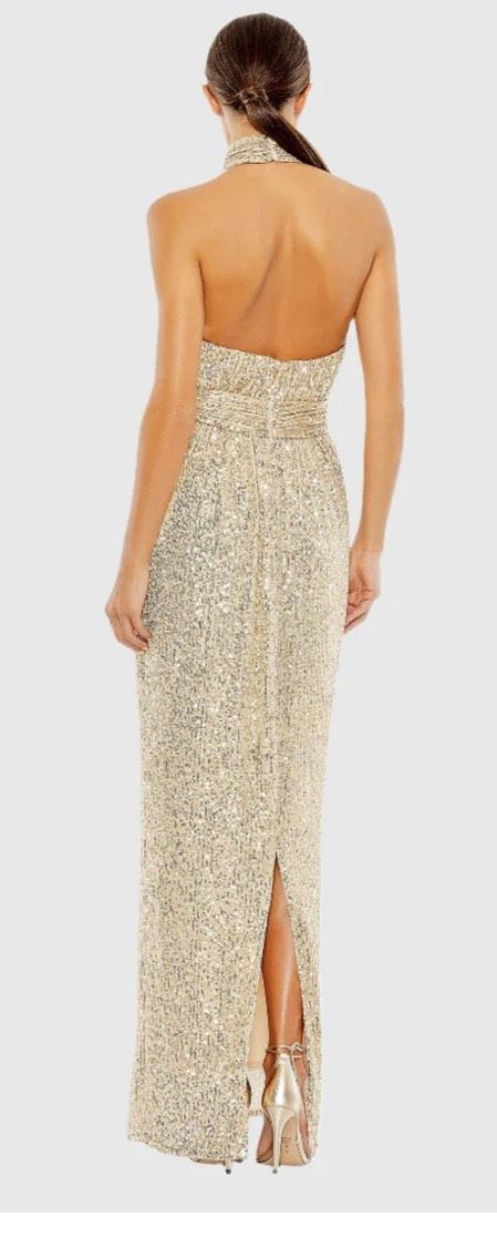 Style 11281 Mac Duggal Size 8 High Neck Gold Side Slit Dress on Queenly