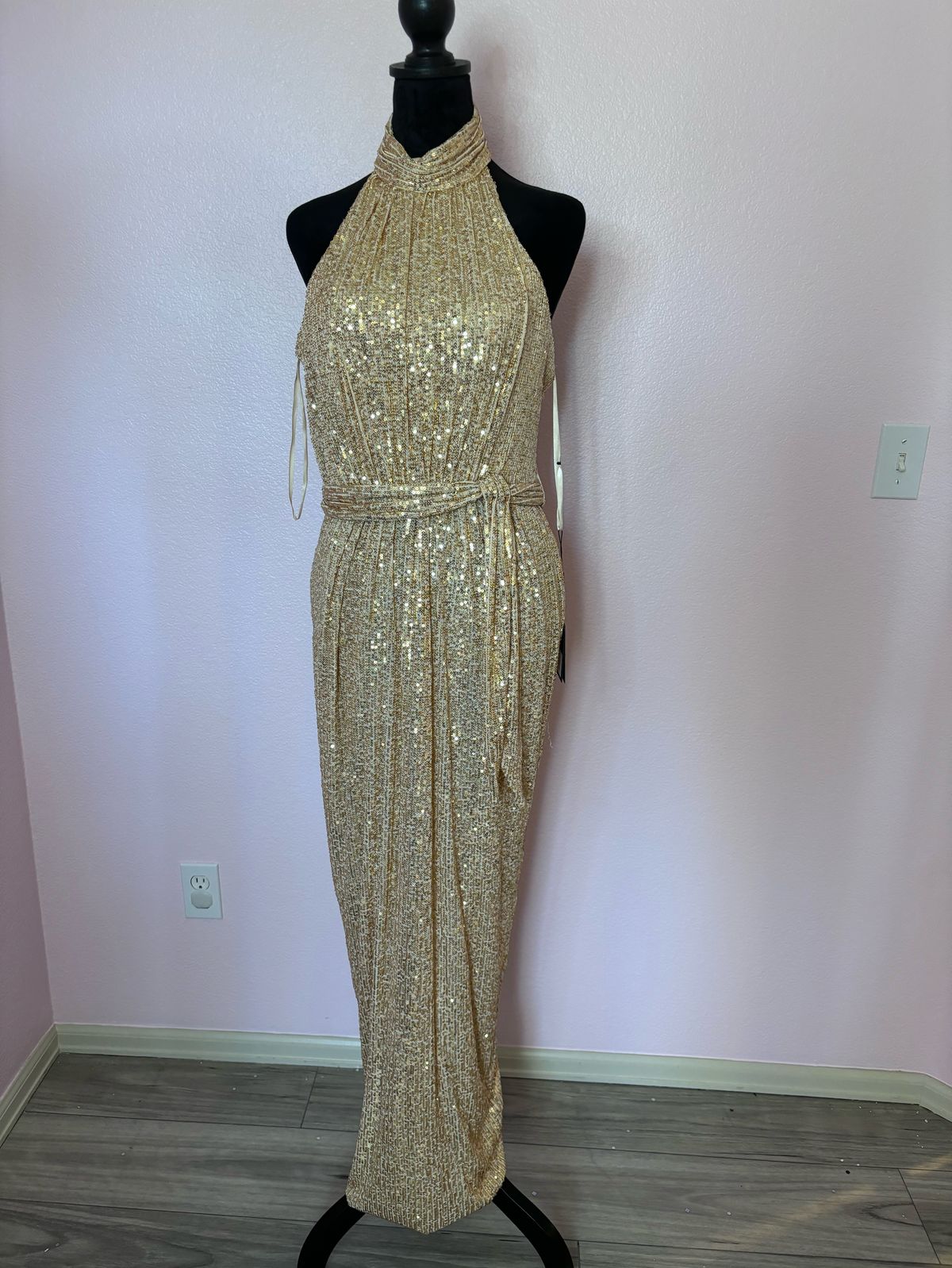 Style 11281 Mac Duggal Size 8 High Neck Gold Side Slit Dress on Queenly