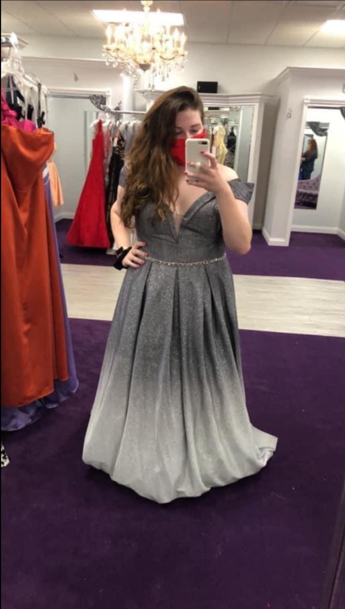 Plus Size 26 Prom Off The Shoulder Gray Ball Gown on Queenly