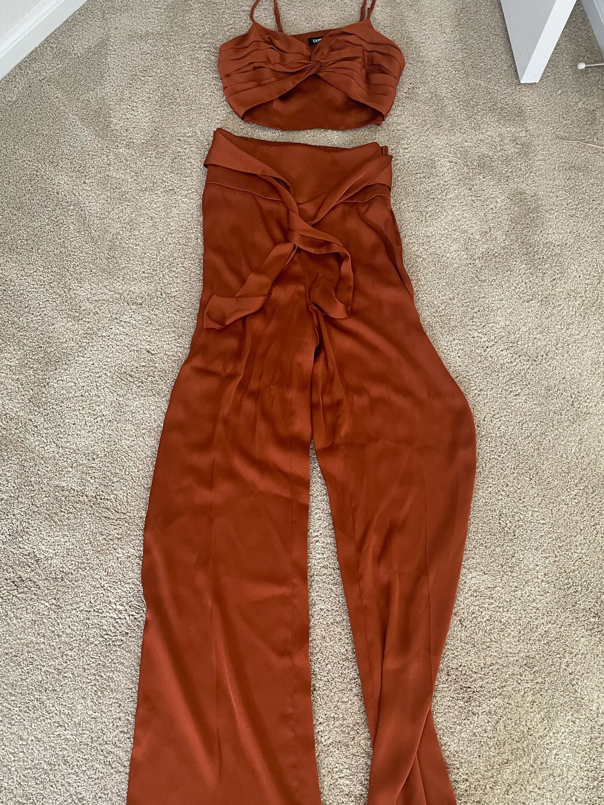 Express Size 0 Pageant Plunge Orange Formal Jumpsuit on Queenly