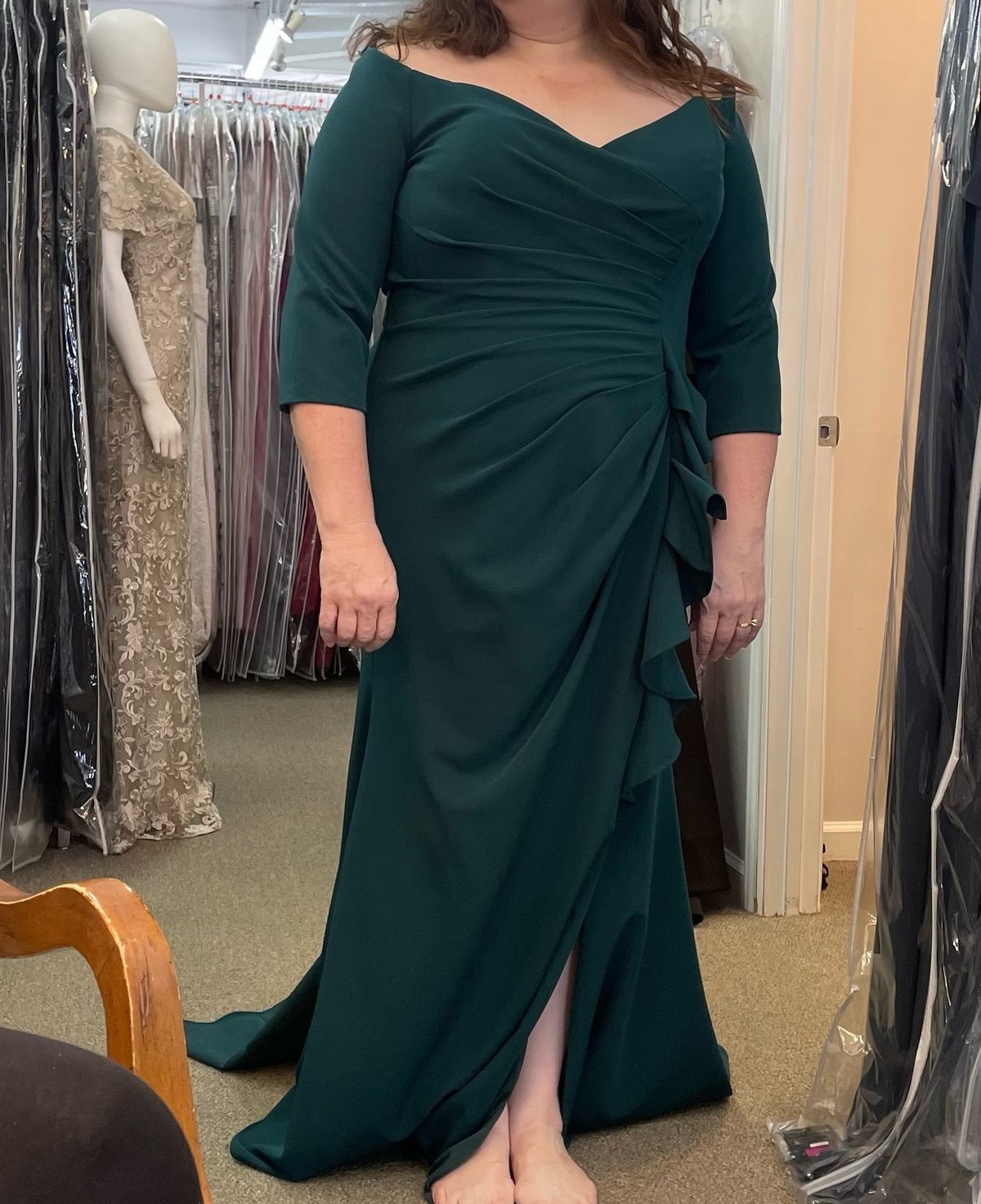 Style 72424 MGNY Madeline Gardner New York Plus Size 18 Off The Shoulder Green A-line Dress on Queenly