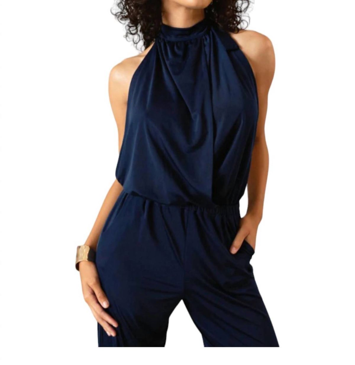 Style 1-1450255798-70 RIPLEY RADER Size XS Halter Sequined Navy Blue Formal Jumpsuit on Queenly