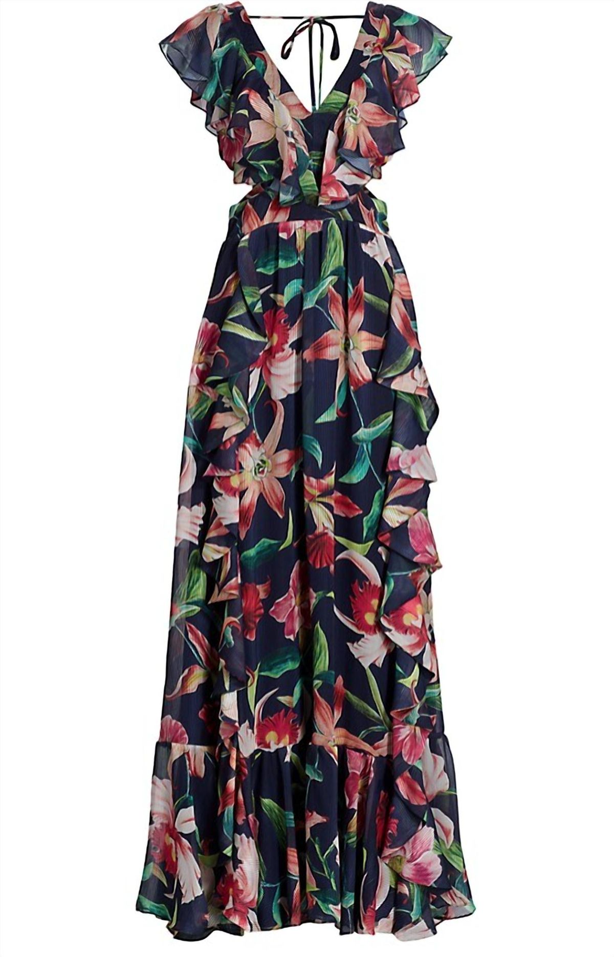 Style 1-2224794539-1498 PatBo Size 4 Prom Cap Sleeve Floral Navy Blue Floor Length Maxi on Queenly