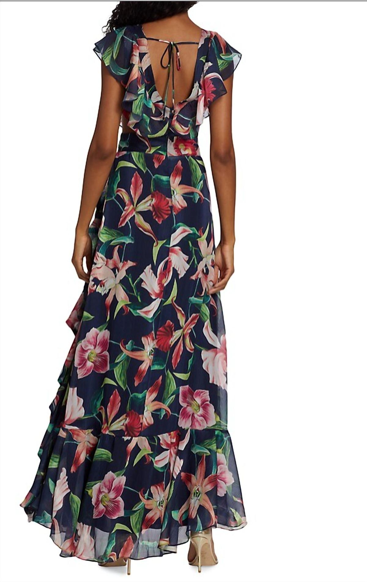 Style 1-2224794539-1498 PatBo Size 4 Prom Cap Sleeve Floral Navy Blue Floor Length Maxi on Queenly