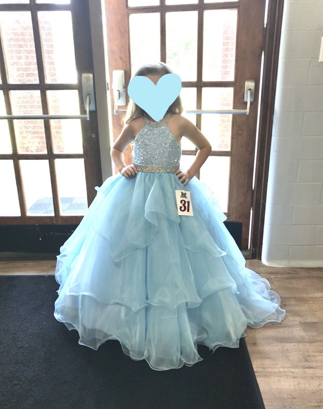 One More Couture Girls Size 4 Pageant High Neck Light Blue Ball Gown on Queenly