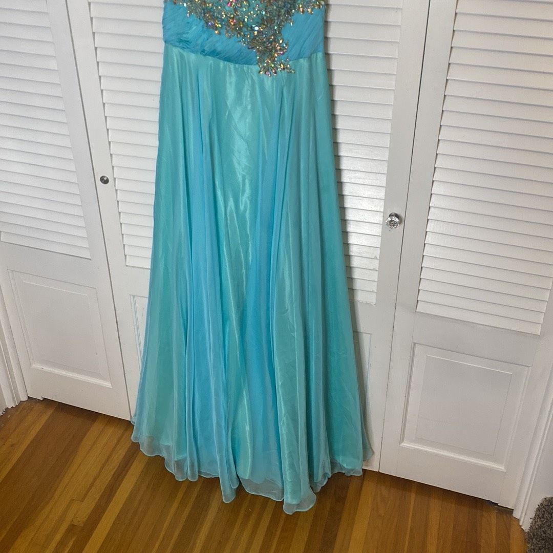 Kiss Kiss Formal Size 10 Prom Sheer Turquoise Blue Floor Length Maxi on Queenly