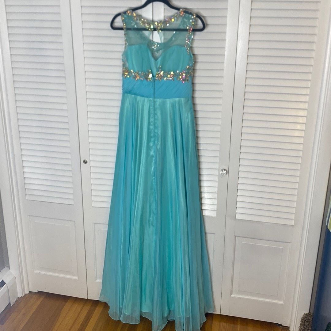 Kiss Kiss Formal Size 10 Prom Sheer Turquoise Blue Floor Length Maxi on Queenly