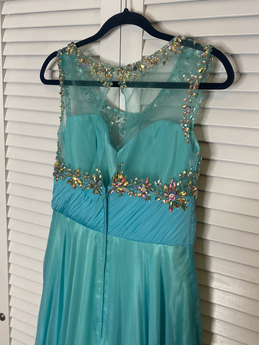 Kiss Kiss Formal Size 10 Prom Sheer Turquoise Blue Floor Length Maxi on Queenly