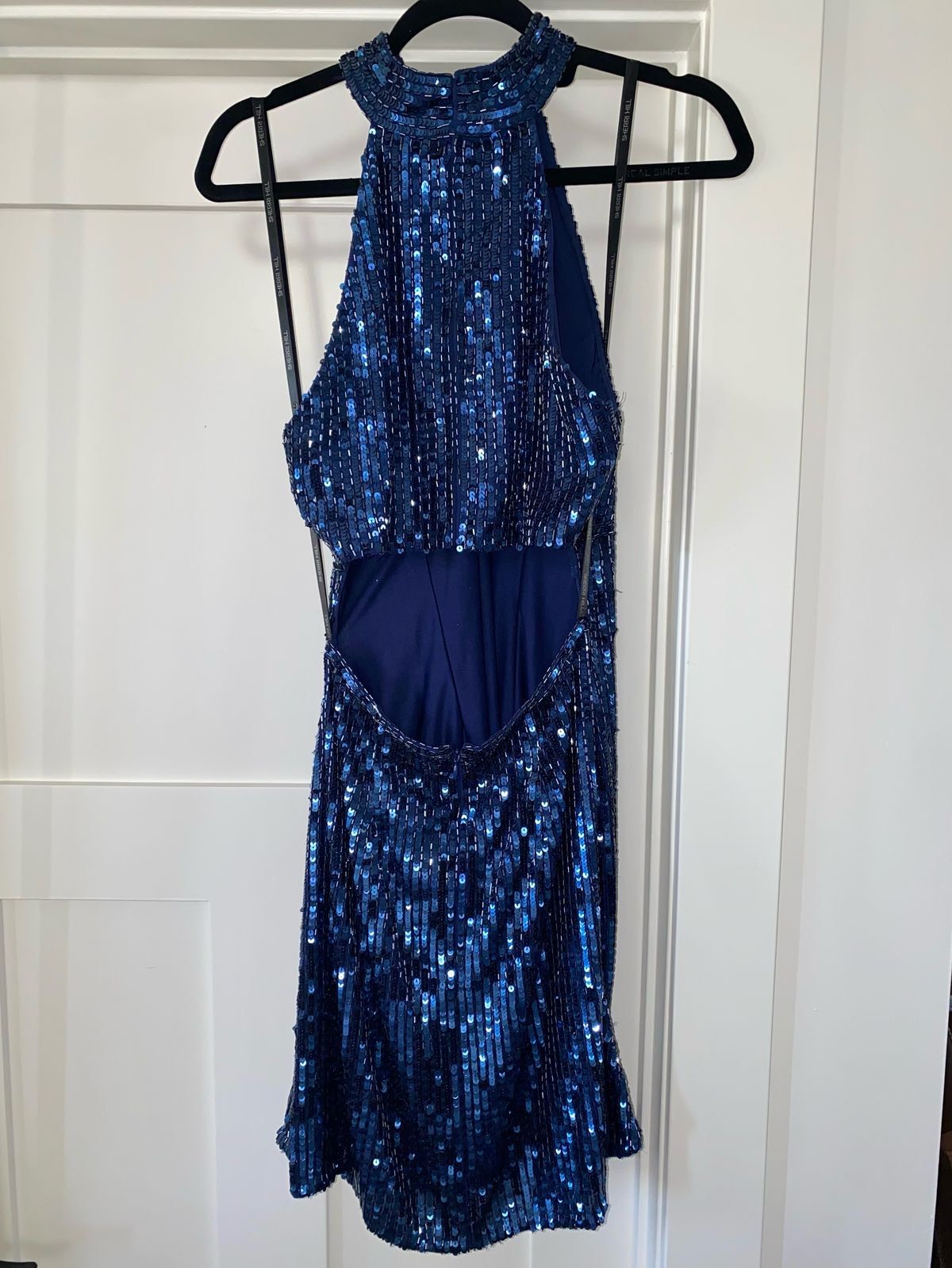 Style 51354 Sherri Hill Size 10 Homecoming High Neck Blue Cocktail Dress on Queenly