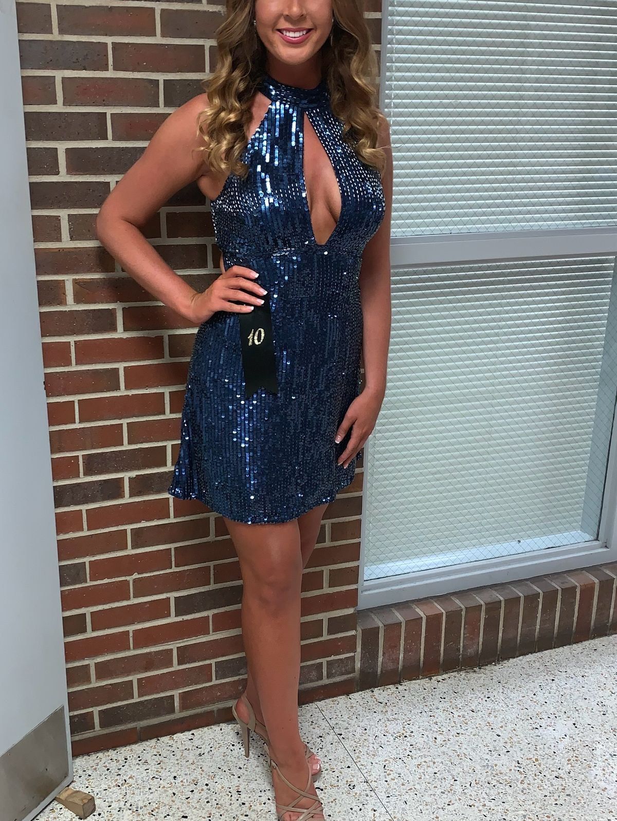 Style 51354 Sherri Hill Size 10 Homecoming High Neck Blue Cocktail Dress on Queenly