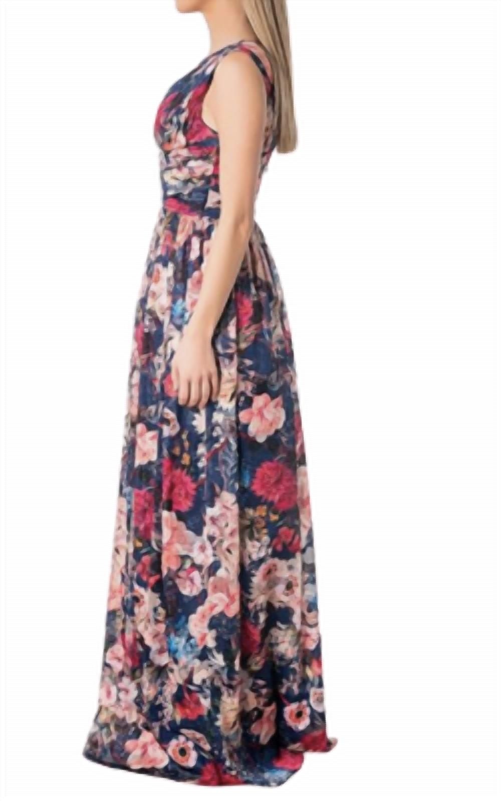 Style 1-1218179664-74 DRESS THE POPULATION Size S Plunge Floral Navy Blue Floor Length Maxi on Queenly