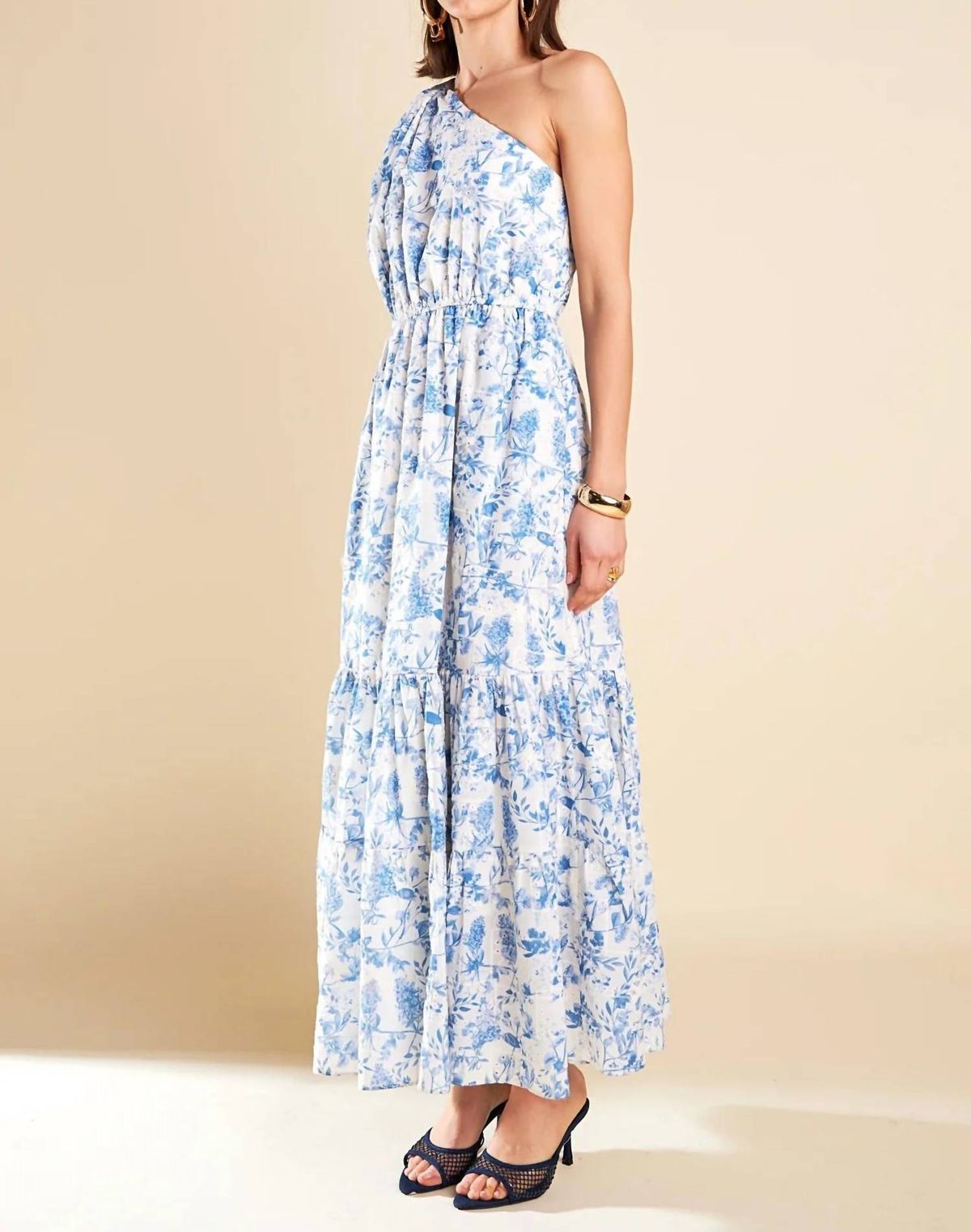 Style 1-2736958518-149 English Factory Size L One Shoulder Floral Blue Floor Length Maxi on Queenly