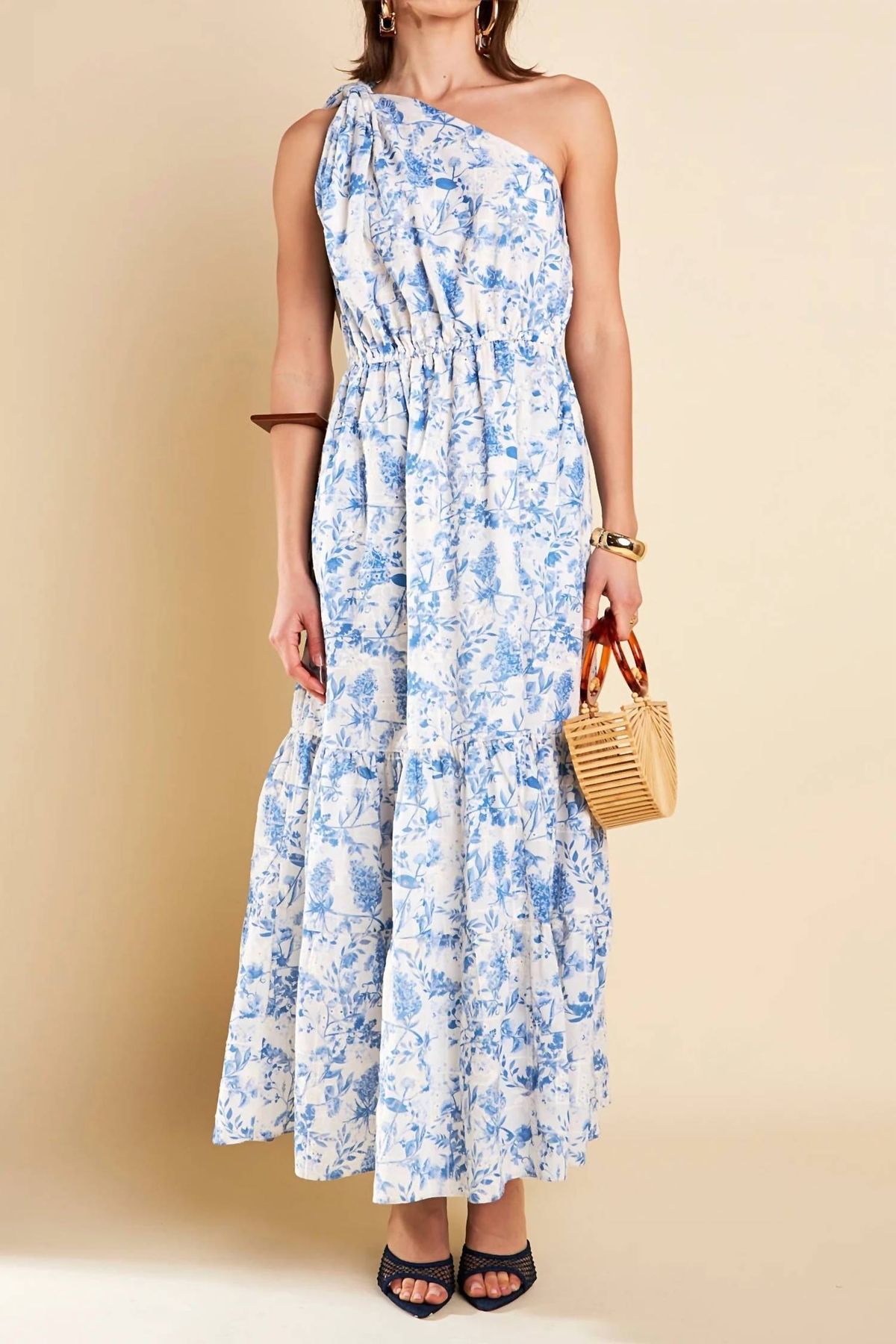 Style 1-2736958518-149 English Factory Size L One Shoulder Floral Blue Floor Length Maxi on Queenly