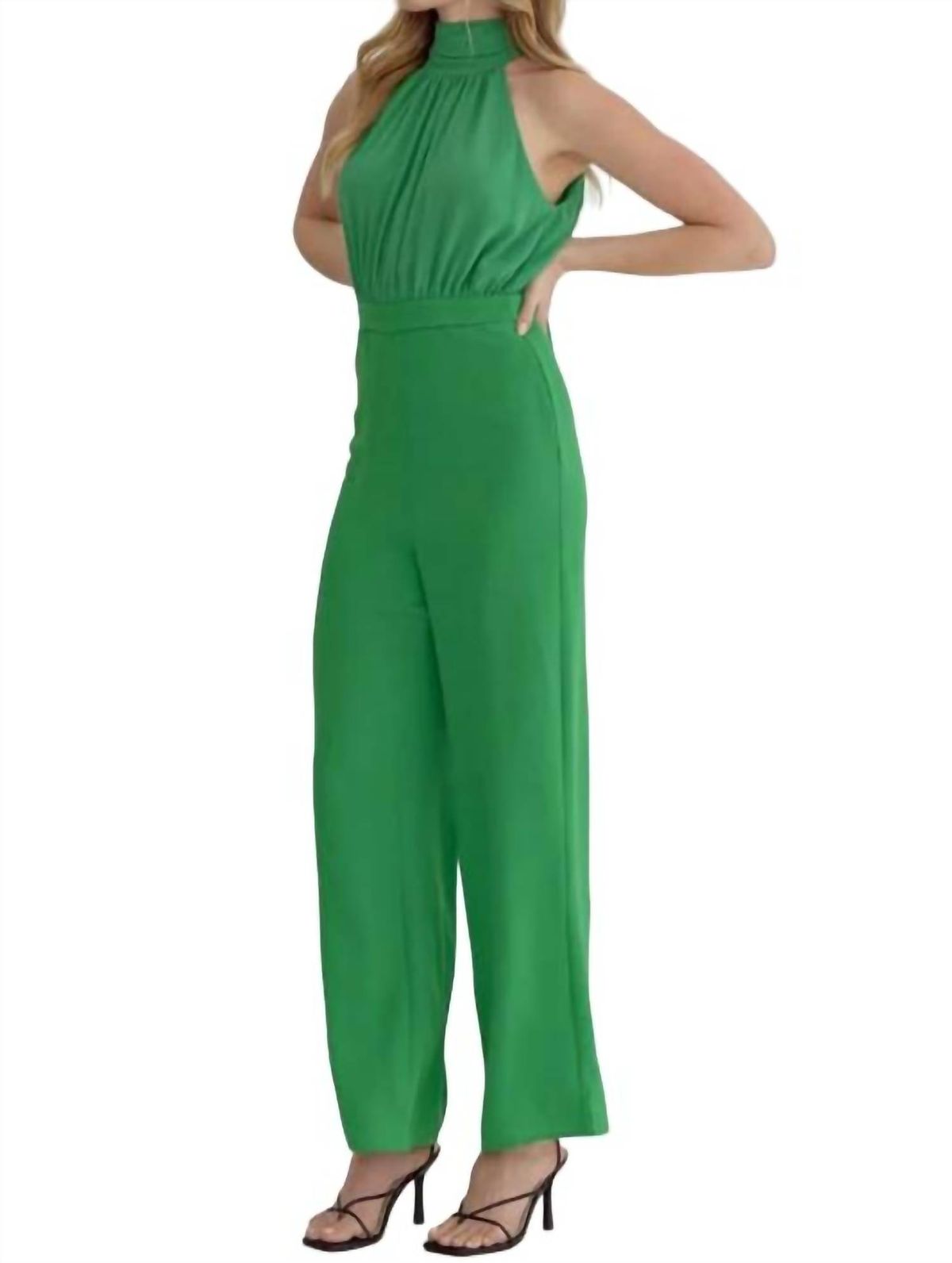 Style 1-360627941-149 entro Size L Halter Sequined Green Formal Jumpsuit on Queenly