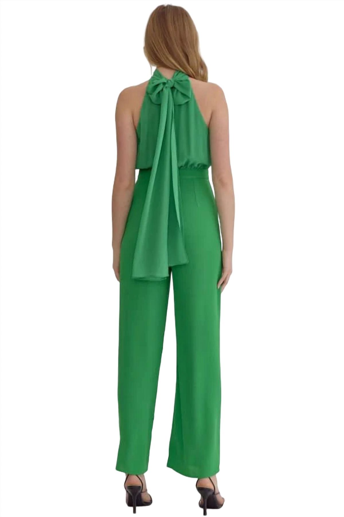 Style 1-360627941-149 entro Size L Halter Sequined Green Formal Jumpsuit on Queenly