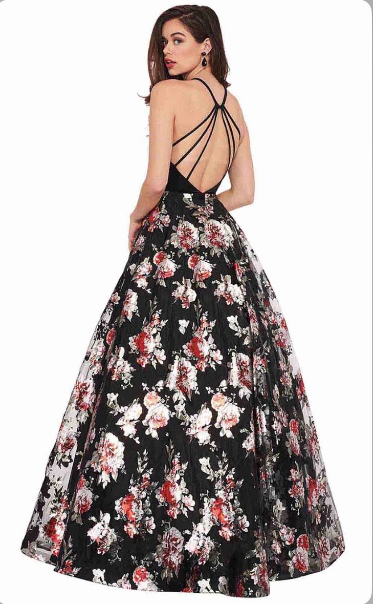 Style 6581 Rachel Allan Size 4 Prom Halter Floral Black Ball Gown on Queenly