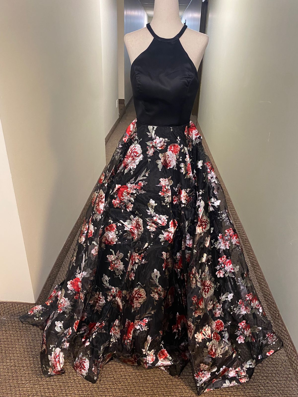 Style 6581 Rachel Allan Size 4 Prom Halter Floral Black Ball Gown on Queenly