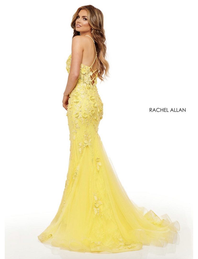 Style 7145 Rachel Allan Size 4 Prom Sequined Yellow A-line Dress on Queenly