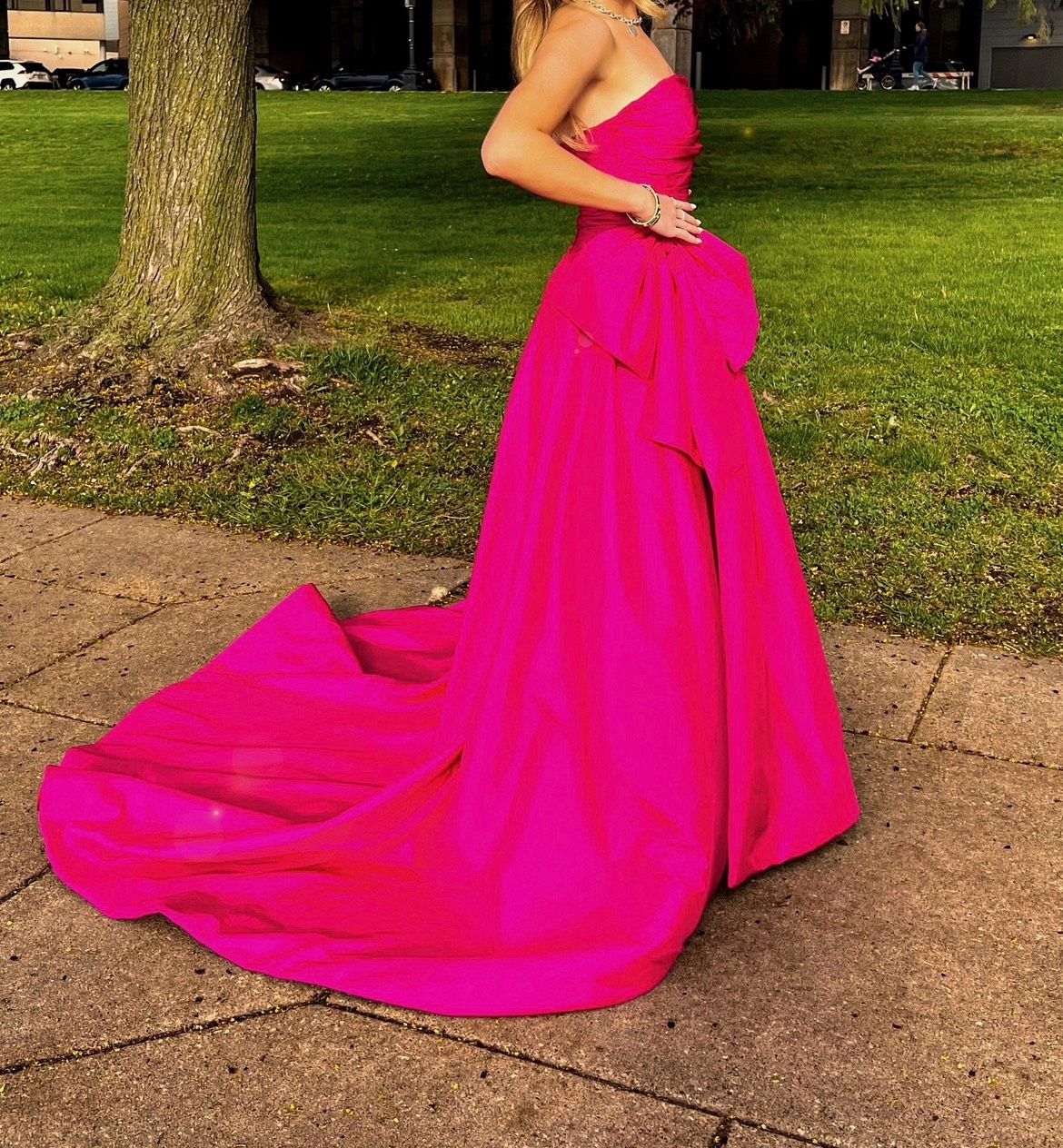 Style 55214 Sherri Hill Size 4 Prom Strapless Hot Pink Dress With Train on Queenly