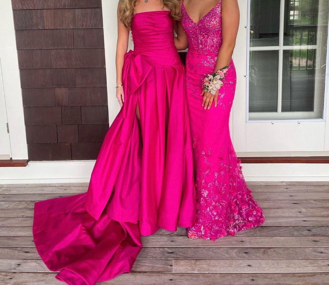 Style 55214 Sherri Hill Size 4 Prom Strapless Hot Pink Dress With Train on Queenly