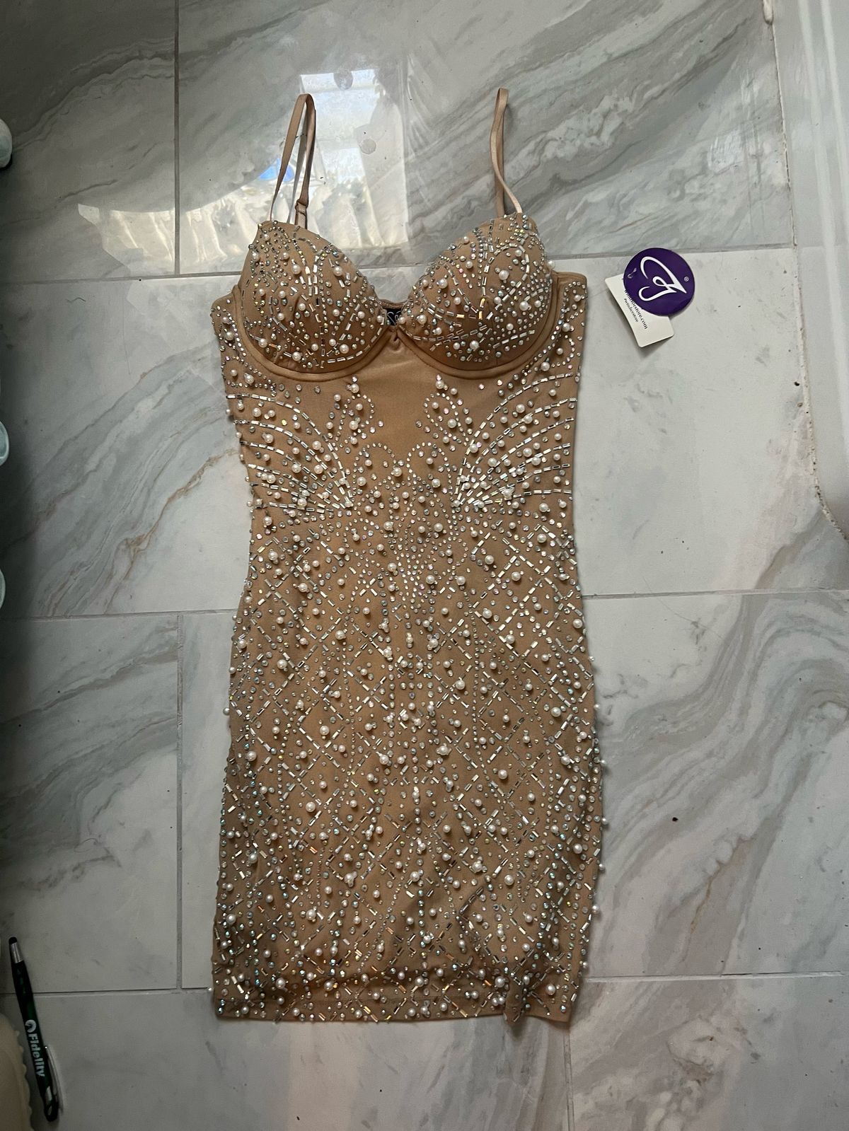 Windsor Size L Prom Plunge Nude Cocktail Dress on Queenly