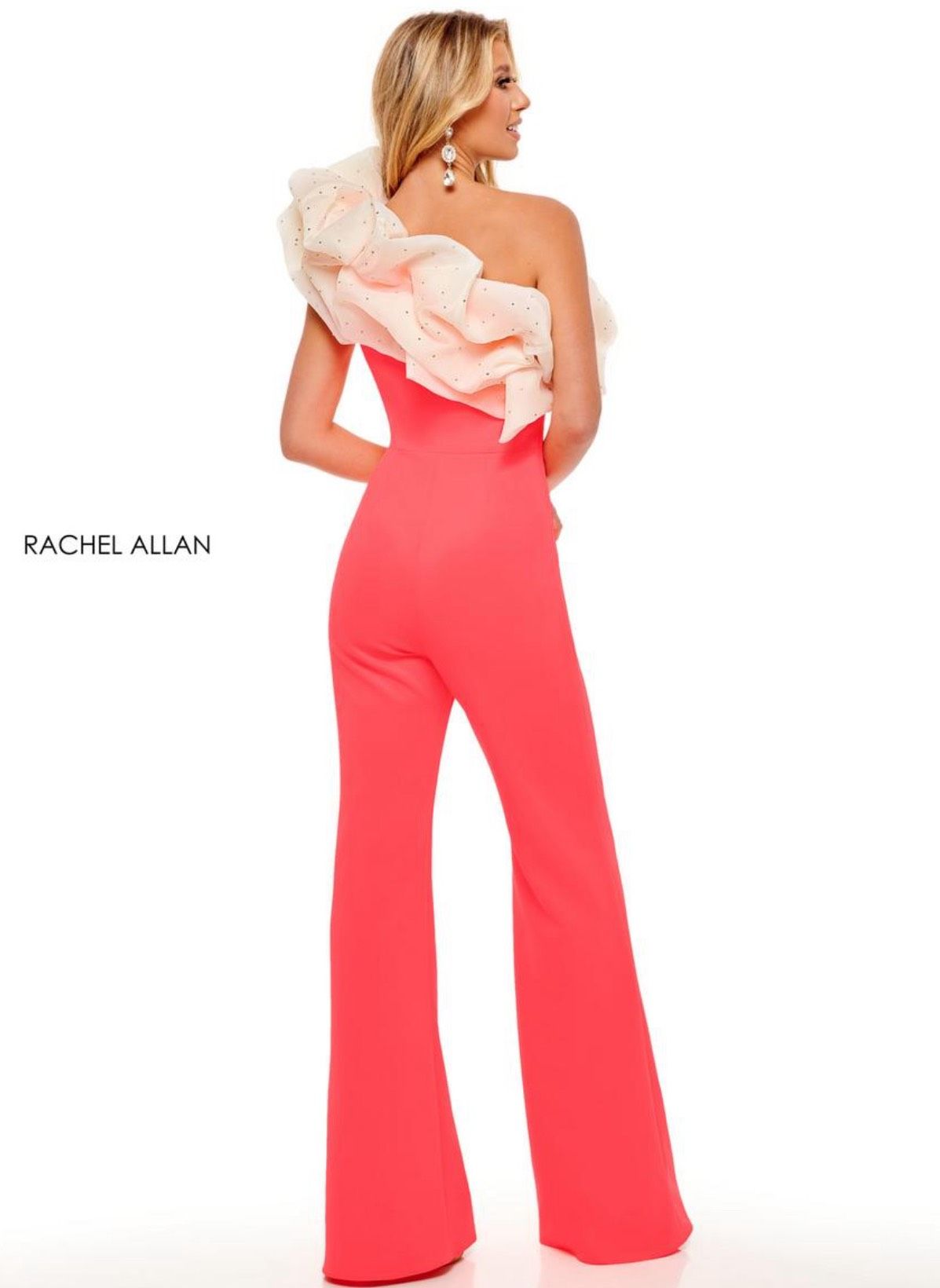 Style 50069 Rachel Allan Size 6 Prom One Shoulder Coral Formal Jumpsuit on Queenly