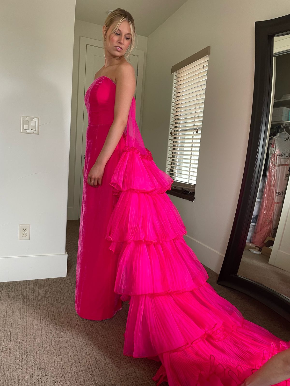 Custom Size 0 Pageant Strapless Velvet Pink Dress With Train on Queenly