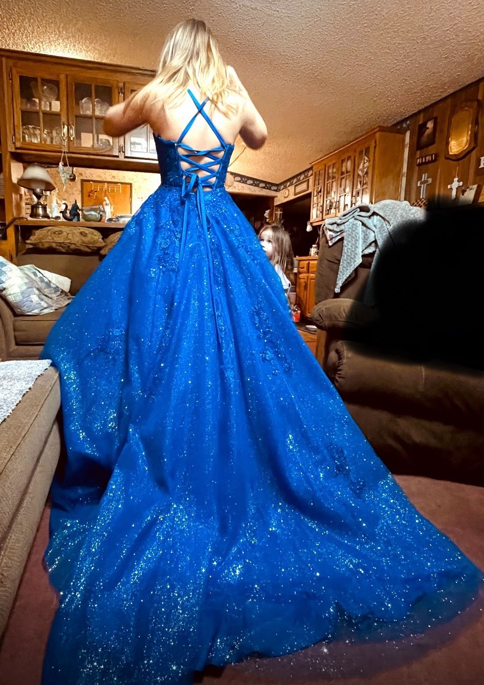 Size 00 Pageant Plunge Royal Blue Ball Gown on Queenly