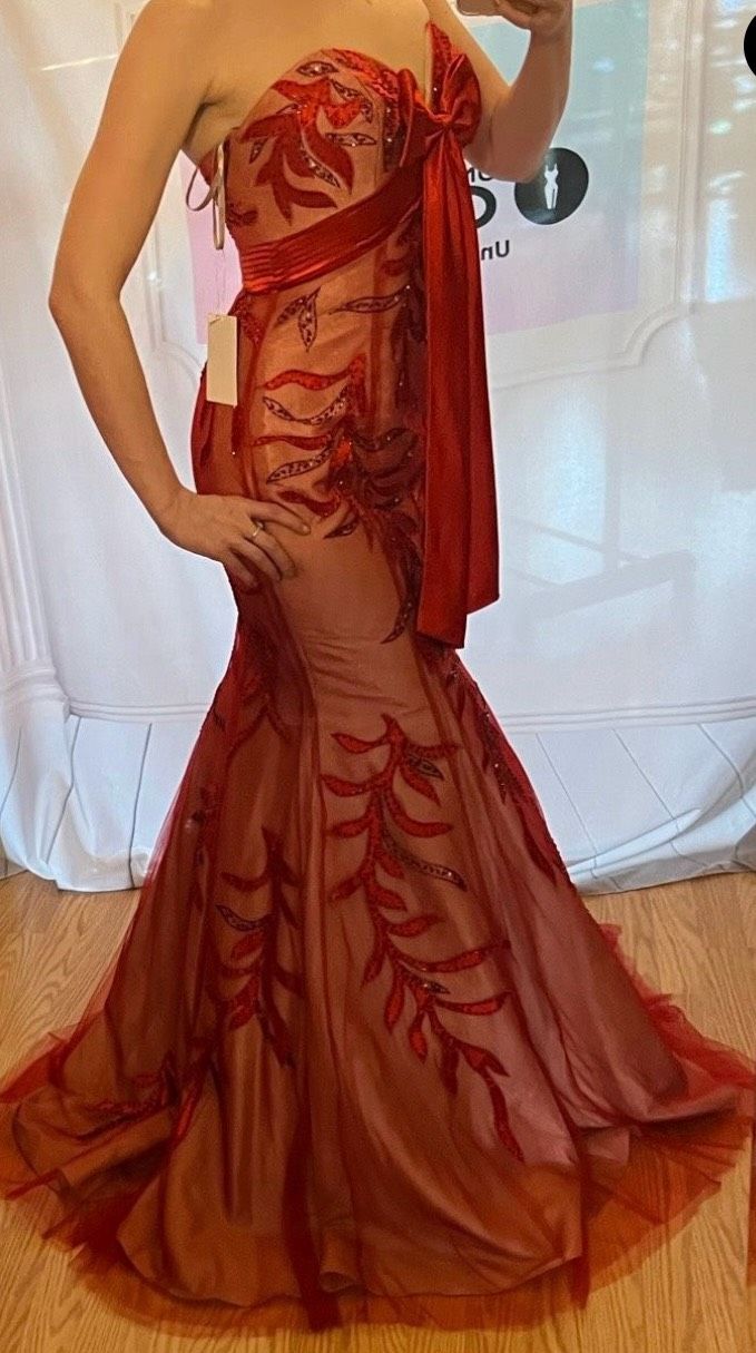 Jovani Size 4 Strapless Red Mermaid Dress on Queenly