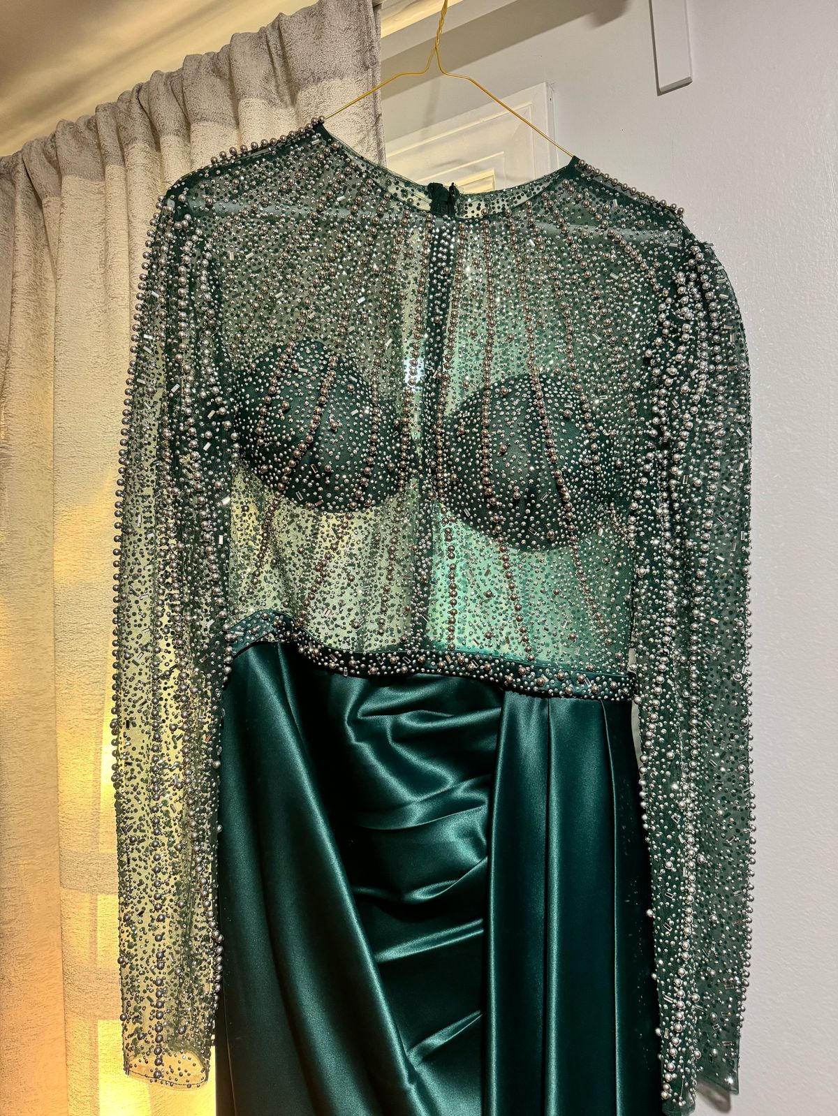 Size 6 Wedding Guest Long Sleeve Green Ball Gown on Queenly